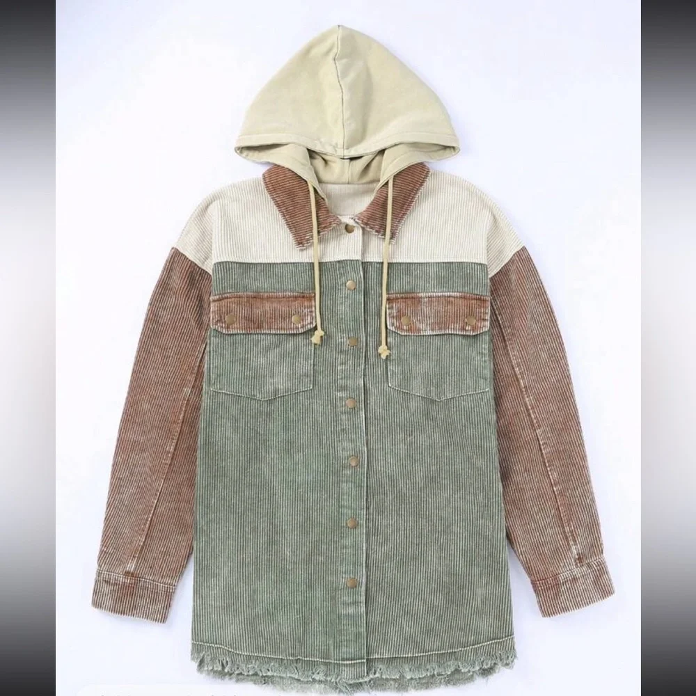 Cozy Corduroy Hoodie Jacket Shacket Button Down Shirt - Picture 8 of 16